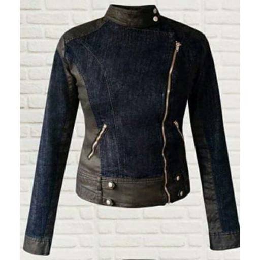 Jaqueta Jeans Lavagem Escura e detalhes em Couro Eco (Disponível nos Tamanhos: 38 e 40) em Bauru, SP por Blessing Store 