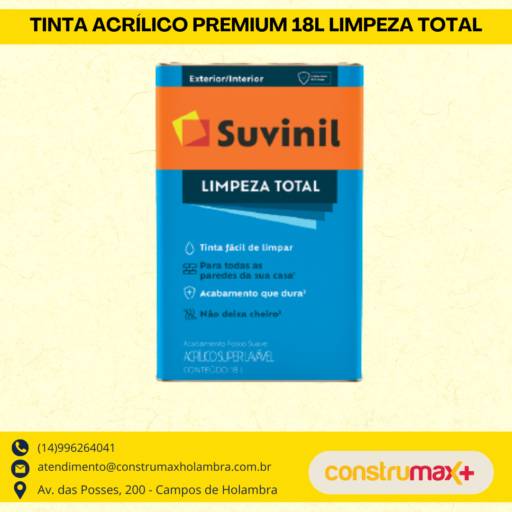 TINTA ACRÍLICO PREMIUM 18 L - Limpeza Total em Riviera de Santa Cristina XIII, SP por Construmax Materiais para Construção