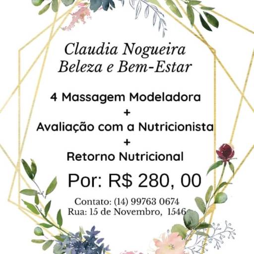 Comprar o produto de 4 Massagem Modeladora + Avaliação com a Nutricionista  em Outros Serviços pela empresa Claudia Nogueira Beleza e Bem-Estar em Marília, SP por Solutudo