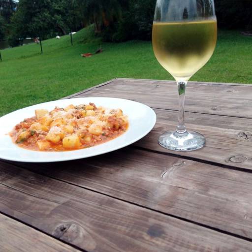 Gnocchi acompanhado com um taca de vinho branco por Paisà Trattoria 