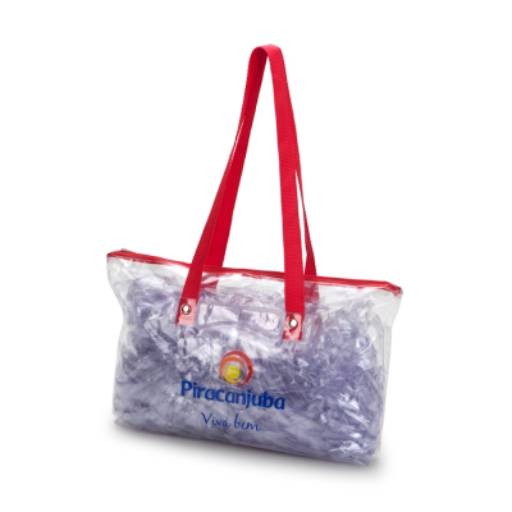 Sacola transparente em PVC com alça e zíper de nylon, dim. 7x36x26cm 