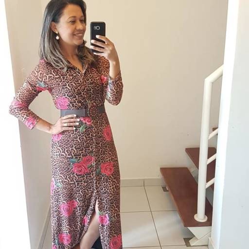 Vestido chamise longuete de onça com flor por Juliana Melo - Moda Feminina Plus size e Moda Pet
