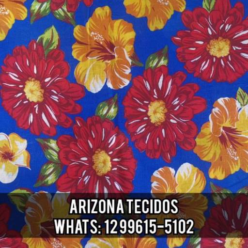 Chita Estampado Flores Amarelas e Vermelhas no Azul
