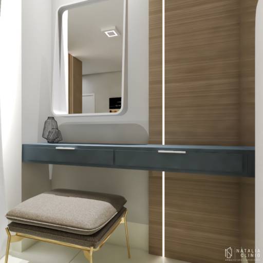 Suíte Amadeirado, Cinza e Azul por Natália Clinio Arquitetura e Interiores