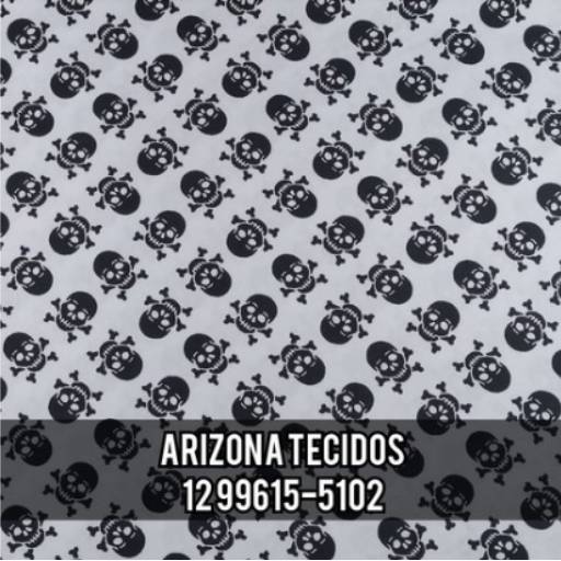 Tricoline Estampado caveira preta no tecido branco PT
