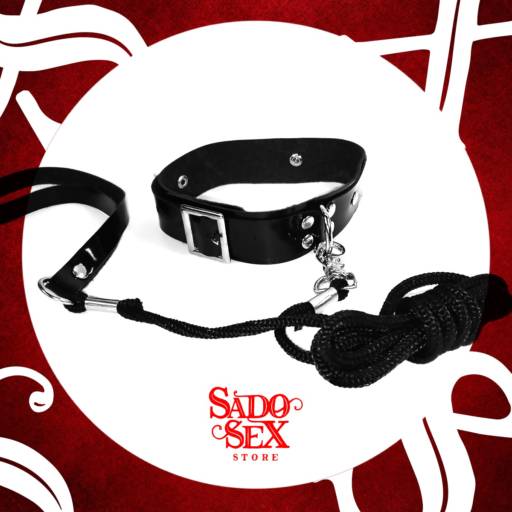 Coleira em couro sintético envernizado, com guia