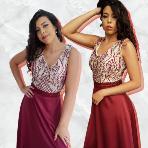 Vestido em crepe acetinado e tule bordado em pedraria
