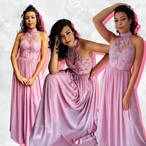 Vestido em crepe e tule bordado 