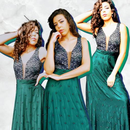 Vestido em crepe e tule bordado com pontos de luz