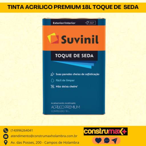 TINTA ACRÍLICO PREMIUM 18 L - TOQUE DE SEDA em Riviera de Santa Cristina XIII, SP por Construmax Materiais para Construção