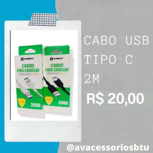 Cabo USB Tipo C, 2M - R$20,00 por AV Acessórios - Celulares e Presentes