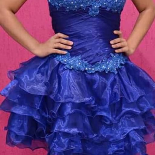 Vestido de Debutante Azul Escuro Curto Babados por Aguiar Noivas, Festas e Ternos
