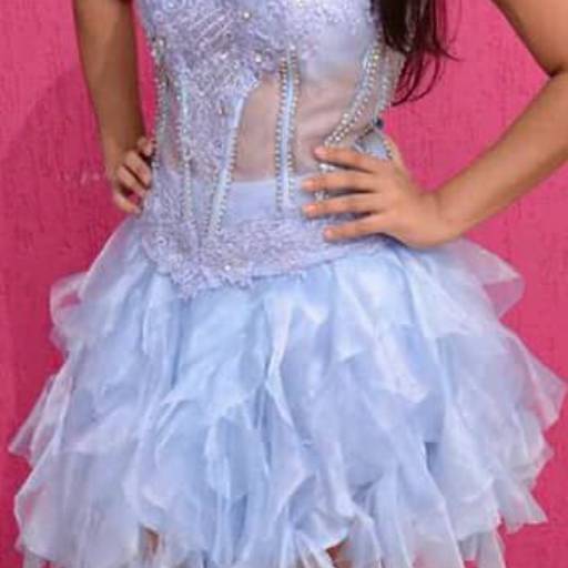 Vestido de Debutante Azul Claro Curto por Aguiar Noivas, Festas e Ternos