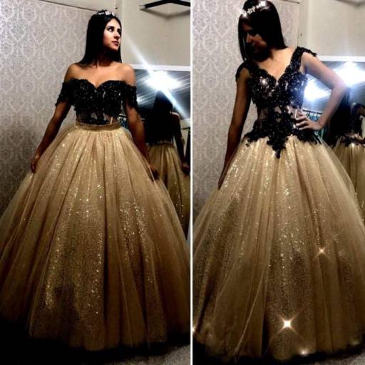 Vestido de Debutante Dourado com Preto por Aguiar Noivas, Festas e Ternos
