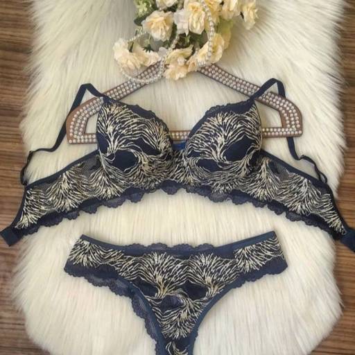 Conjunto de Lingerie - Azul detalhe creme