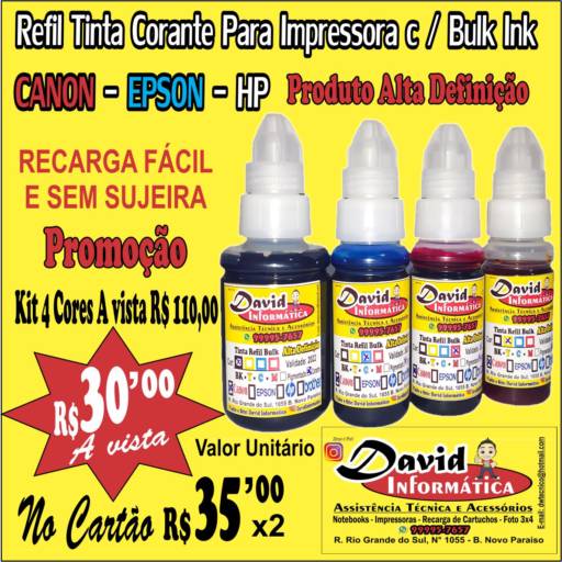 Comprar o produto de Tinta para Impressora Canon - Epson - Hp - Bulk Ink. em Cartuchos Jato de Tinta pela empresa David Informática em Aracaju, SE por Solutudo