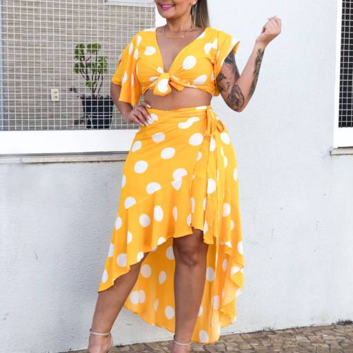 Conjunto de Cropped e Saia Envelope estampa Poá em Bauru