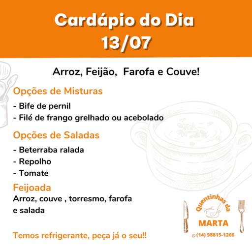 Comprar o produto de Cardápio de Hoje!  em Marmitex pela empresa Quentinhas da Marta em Bauru, SP por Solutudo