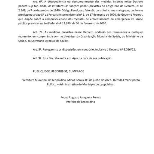 Decreto 5.055 de 03/ junho 2022 por Prefeitura Municipal de Leopoldina-MG