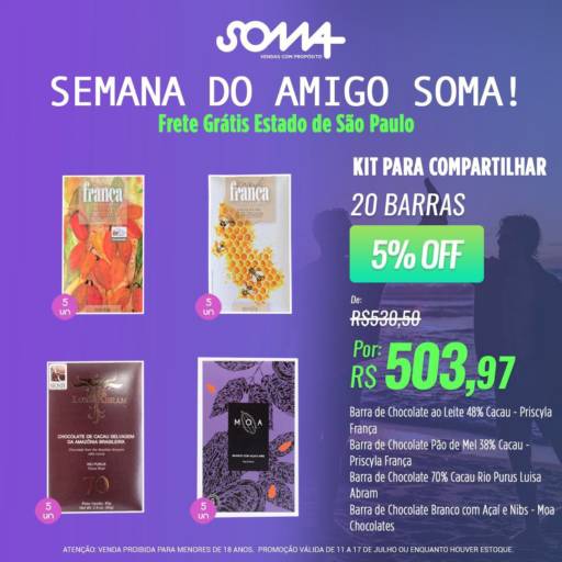 Kit 20 barras de chocolate 