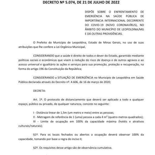 Decreto Nº 5.074 de 21 de Julho de 2022 por Prefeitura Municipal de Leopoldina-MG