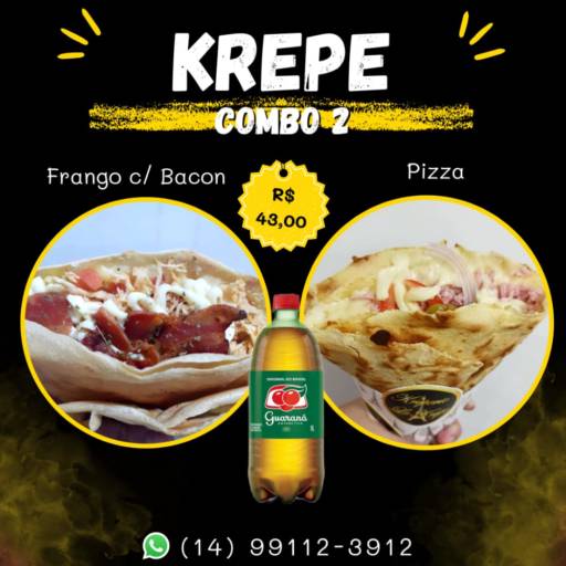 Combo 2: Crepe frango com bacon + crepe pizza + guaraná 1 litro por Kreperie Lê Krepe