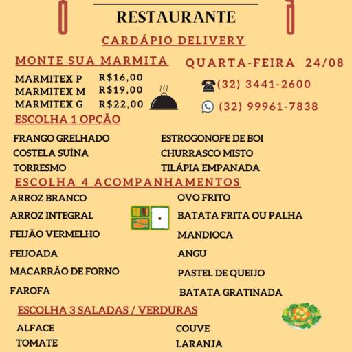 Comprar o produto de Cardápio de Quarta Feira 24/08 em Marmitex pela empresa Tacos Restaurante em Leopoldina, MG por Solutudo