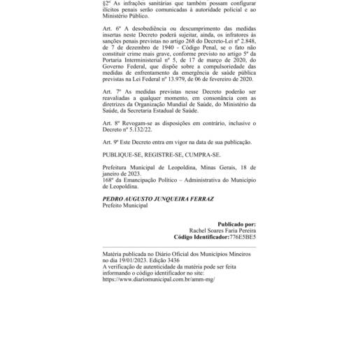 Decreto 5.168 de 18/01/20232 por Prefeitura Municipal de Leopoldina-MG