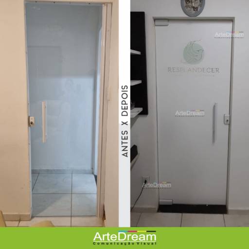 Adesivo em portas e blindex:  jateado, chapado, perfurado e cores em Bauru por ArteDream Comunicação Visual