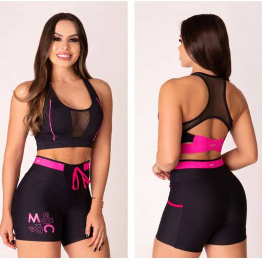 Conjunto de Shorts Leggin com Top fitness rocket nadador com tela preto/rosa  por Hey Monstra