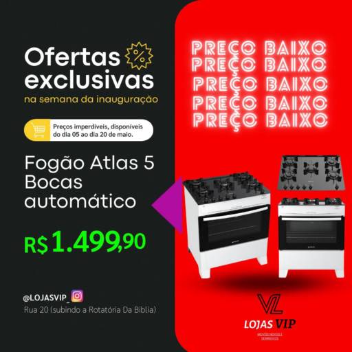 Comprar o produto de Fogão Atlas 5 bocas automático  em Churrasqueiras de Fogão pela empresa Lojas Vip em Mineiros, GO por Solutudo