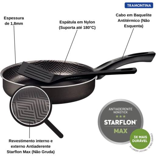 Frigideira Reta 20cm c/Espátula Paris Chumbo - Tramontina por Casa Vitória