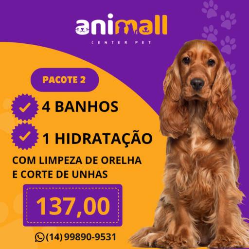Comprar o produto de Pacote 2 em Banho e Tosa pela empresa Animall Center Pet em Botucatu, SP por Solutudo