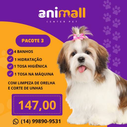 Comprar o produto de Pacote 3 em Banho e Tosa pela empresa Animall Center Pet em Botucatu, SP por Solutudo