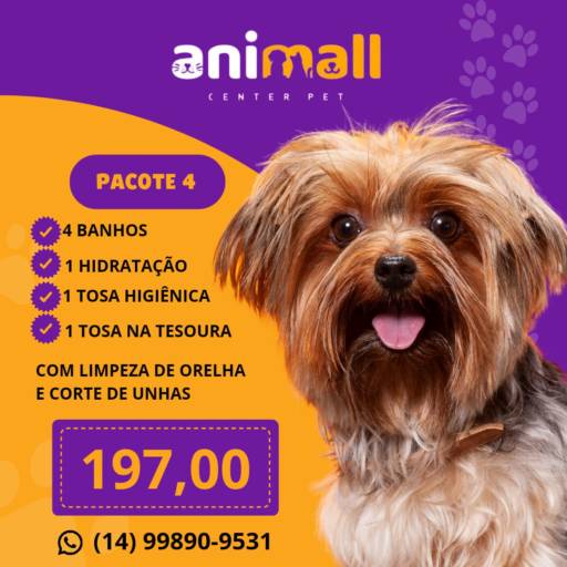 Comprar o produto de Pacote 4 em Banho e Tosa pela empresa Animall Center Pet em Botucatu, SP por Solutudo