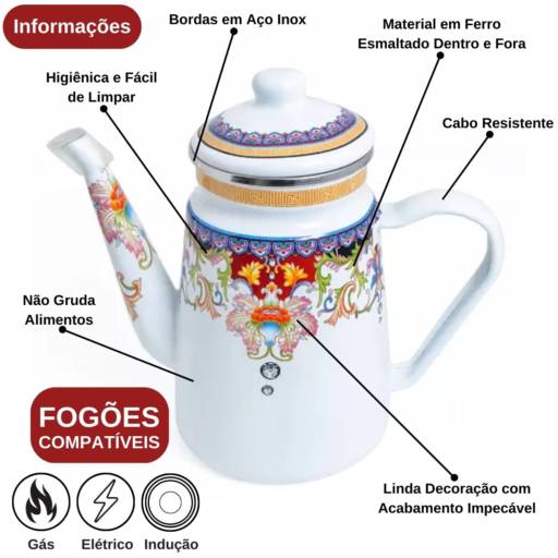 Bule Esmaltado Decorado Indiana 1,2L "Indução" por Casa Vitória