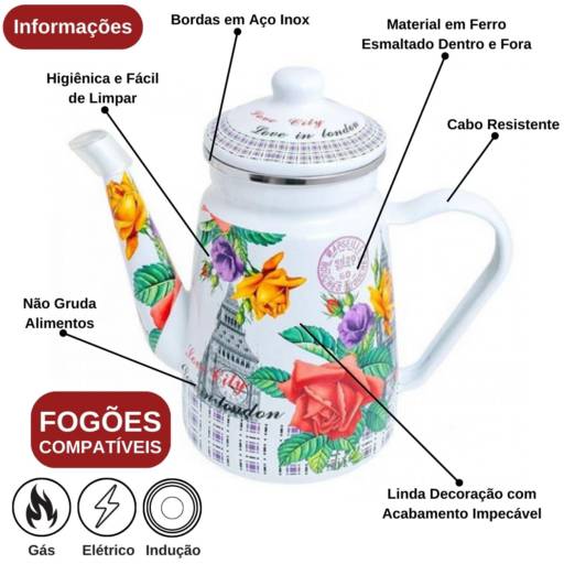 Bule Esmaltado Decorado Londres 1,2L "Indução" por Casa Vitória