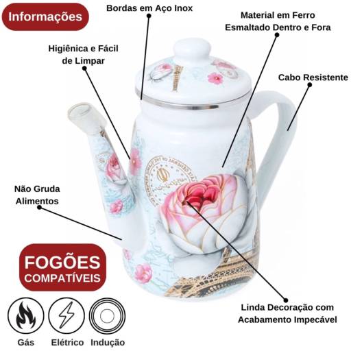 Bule Esmaltado Decorado Paris 1,2L "Indução" por Casa Vitória