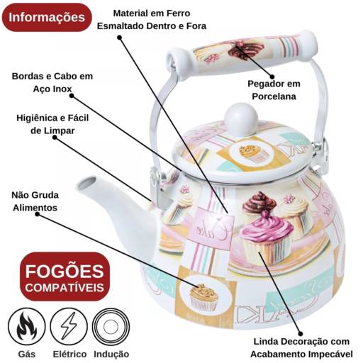 Chaleira Ferro Esmaltado 2,5L Decorada Cake "Indução" por Casa Vitória