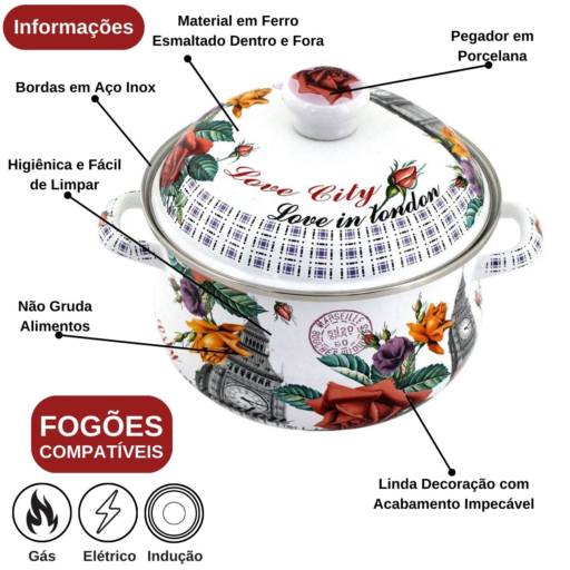 Caçarola Ferro Esmaltado 3,6L N°22 Decorada Londres Indução por Casa Vitória
