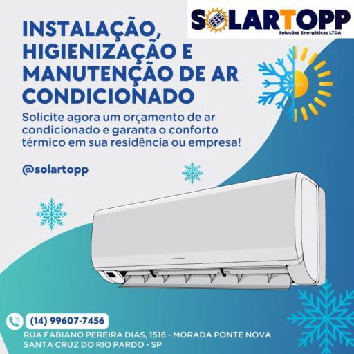 Comprar o produto de Instalação de Ar Condicionado em Ar Condicionados pela empresa SOLARTOPP SOLUÇÕES ENERGÉTICAS LTDA em Santa Cruz do Rio Pardo, SP por Solutudo