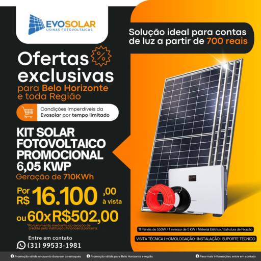 Comprar o produto de Kit Solar Fotovoltaico Promocional 6,05 KWP em Energia Solar pela empresa Evosolar | Energia Solar Belo Horizonte em Belo Horizonte, MG por Solutudo