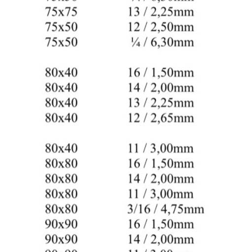 Tabela de medida dos Metalons disponíveis em Bauru por DilFer Ferragens 