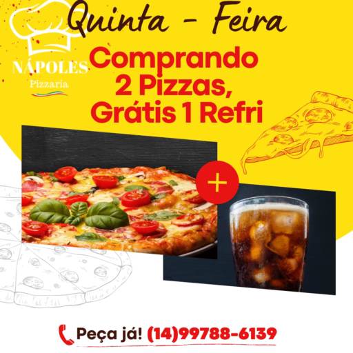 Comprar o produto de Quinta - Feira comprando 2 Pizzas, Grátis 1 Refri  em Pizzarias pela empresa Pizzaria Nápoles em Botucatu, SP por Solutudo