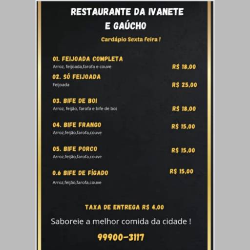 Comprar o produto de Cardápio de Sexta Feira 03/05 em Marmitex pela empresa Restaurante Gaúcho e Ivanete em Leopoldina, MG por Solutudo