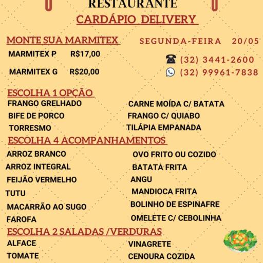 Comprar o produto de Cardápio de Segunda Feira 20/05 em Marmitex pela empresa Tacos Restaurante em Leopoldina, MG por Solutudo