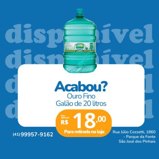 Galão de Água de 20 Litros Ouro Fino - R$18,00 - Para retirar na Loja