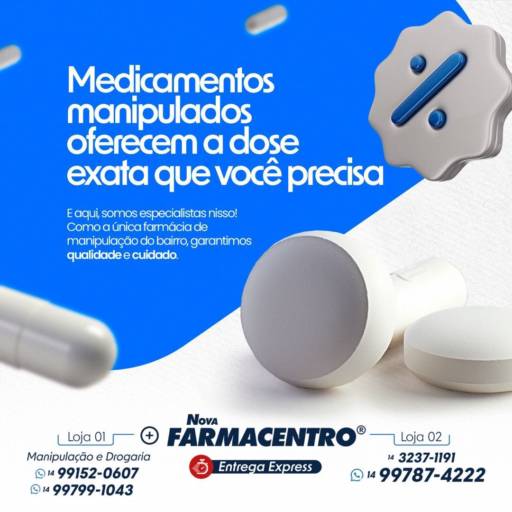 Comprar o produto de Medicamentos manipulados em Bauru em Manipulados pela empresa Nova Farmacentro Manipulação e Drogaria (Loja 1) em Bauru, SP por Solutudo