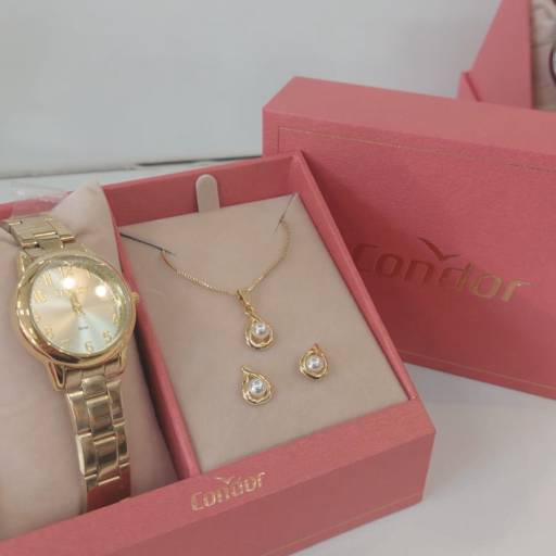 Kit de Relógio Condor Feminino Dourado - Pérolas