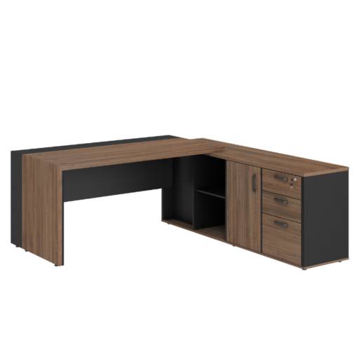MESA DIRETOR EM L COM ARMÁRIO PEDESTAL COM 01 CAIXA DE TOMADAS PLÁSTICA - START